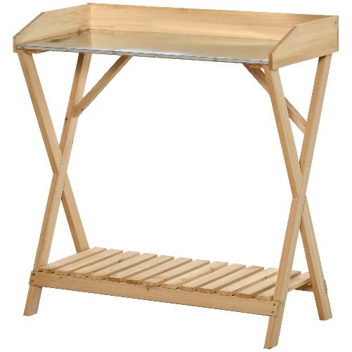 Outsunny Tavolo da Giardinaggio in Legno con Piano in Metallo Antiruggine e Ripiano Portaoggetti, 80x40x84cm