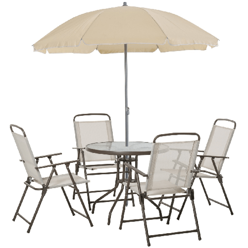 Outsunny 6 pz Set Mobili da Giardino in Tubi d'Acciaio, Tavolo da Giardino con Sedie e Ombrellone, Crema