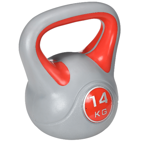 SPORTNOW Kettlebell 14kg in PU e Sabbia con Base Piatta e Impugnatura per Stacchi, Squat e Sollevamenti, 26x18x32 cm, Rosso