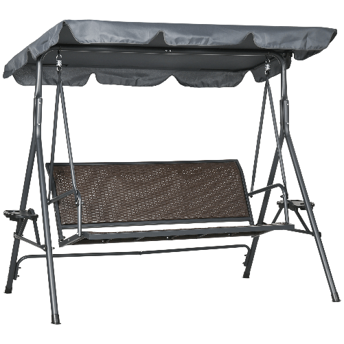 Outsunny Dondolo da Giardino 3 Posti in Rattan PE e Acciaio con Tettuccio Regolabile e Portabicchieri, 204x112x150 cm