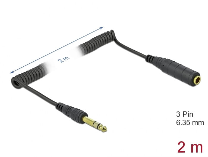 DeLOCK Cavo di prolunga a spirale a 3 pin da 6,35 mm Stereo Jack maschio per Stereo Jack femmina da 2 m nero