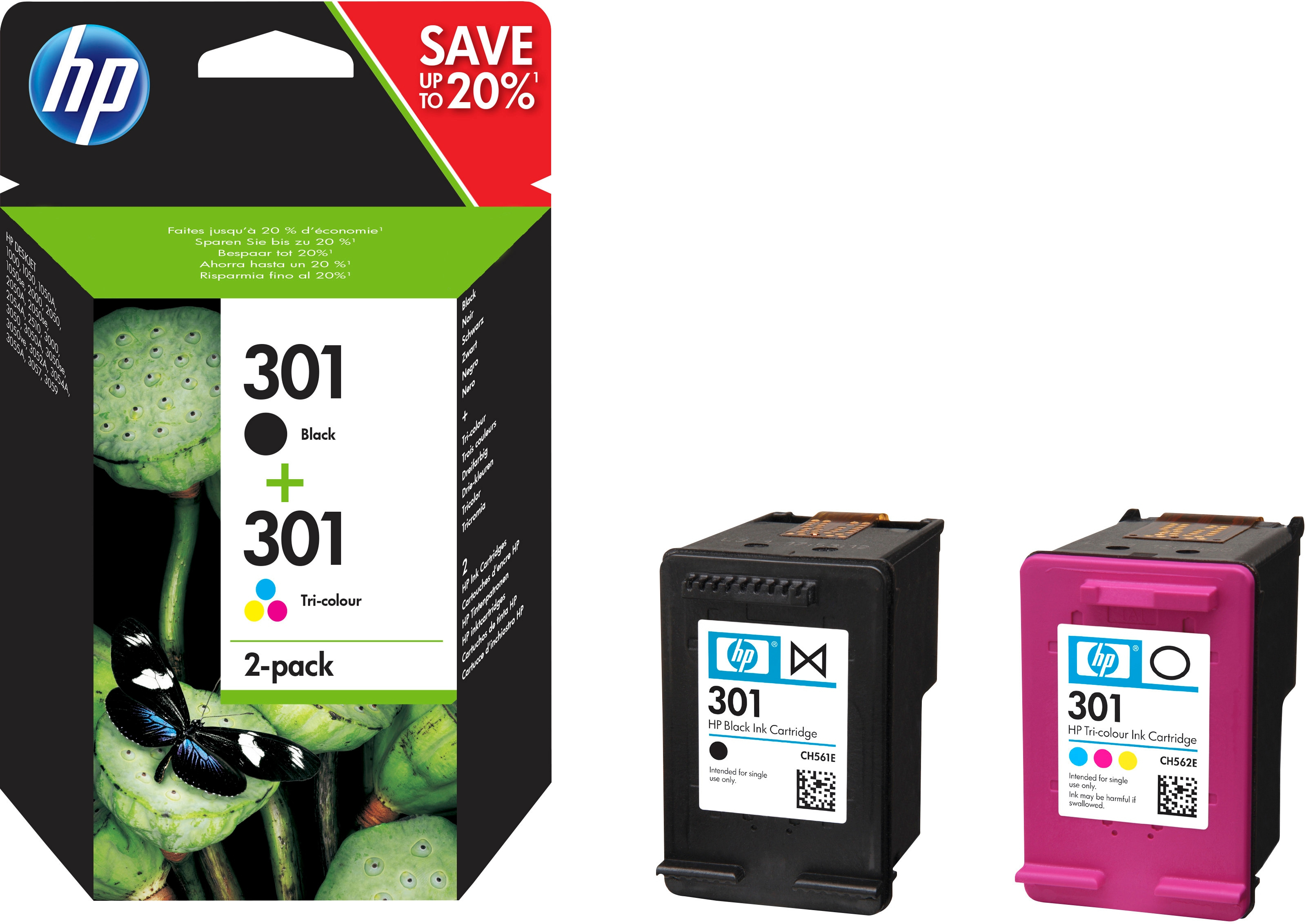 HP 301 Combo Pack Confezione da 2 Cartucce Originali d'Inchiostro Multicolore HP Confezione da 2 cartucce originali di inchiostro nero/tricromia 301