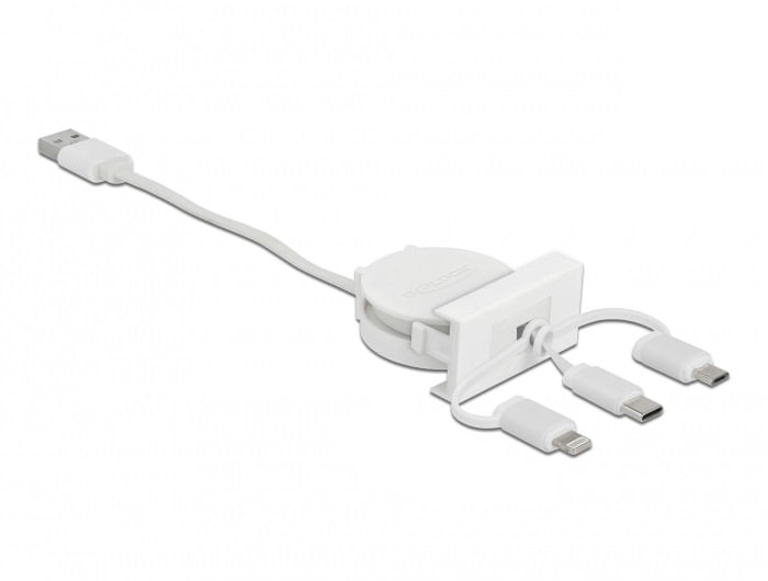 Delock Modulo Easy 45 USB 2.0 Cavo retrattile 3 in 1 da USB Tipo-A a USB-C Micro USB e Lightning bianco DeLOCK Easy 45 Modulo USB 2.0 3 in 1 Cavo retr