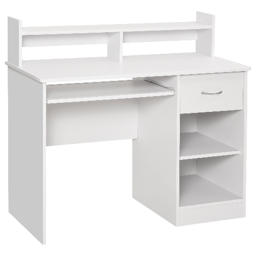 HOMCOM Scrivania per Computer Compatta, Scrivania PC Fisso in Legno Bianco con Ripiano Tastiera Estraibile e Mensole 104x48x95.5cm HOMCOM Scrivania pe