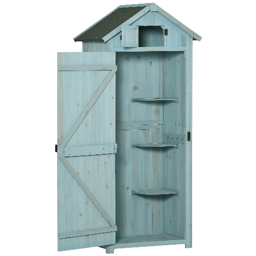 Outsunny Casetta da Giardino Porta Attrezzi in Legno con 3 Ripiani, 77x54.2x179cm, Blu