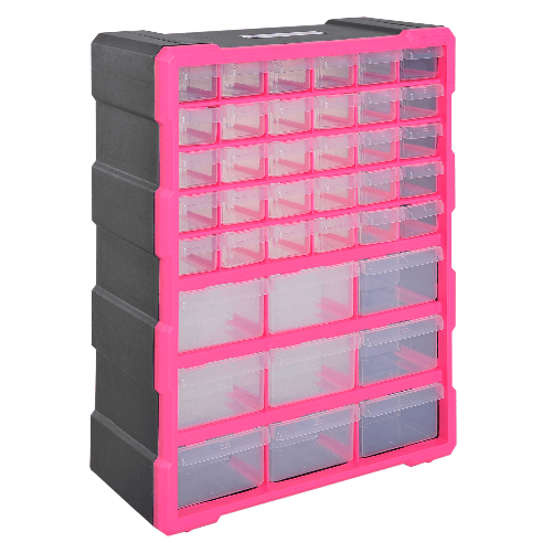 DURHAND Cassettiera in Plastica Portaminuterie con 39 Cassetti Trasparenti, Montaggio a Muro o a Terra 38x16x47.5cm Rosa