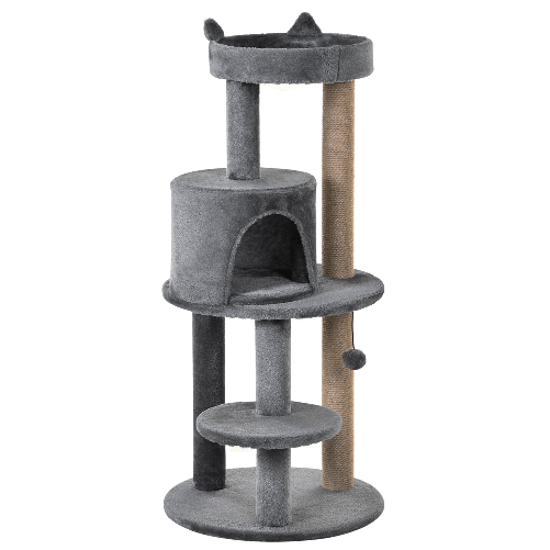 PawHut Albero Tiragraffi per 1-2 Gatti di 4.5kg, Palestra Castello per Gatti con 3 Livelli, Cuccia, Lettino e Palo in Corda Sisal, Grigio 48x48x104cm