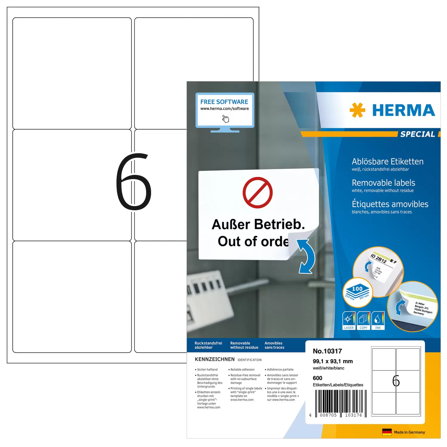 HERMA 10317 etichetta autoadesiva Rettangolo con angoli arrotondati Rimovibile Bianco 600 pz HERMA Etichette per indirizzi HERMA 10317 99,1 x 93,1 mm