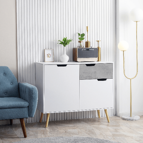 HOMCOM Mobile da Salotto con 2 Armadietti a 2 Ante e Cassetto in Truciolato e Pino, 98x39x81.5 cm, Grigio e Bianco