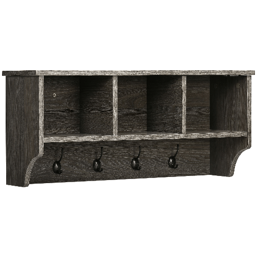 HOMCOM Appendiabiti a Muro Stile Rustico con 4 Ganci e Vani in Legno e Metallo, 80x24x35.5cm, Grigio