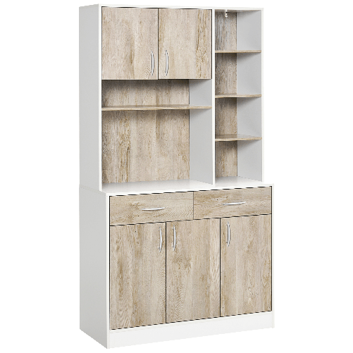 HOMCOM Mobile Buffet Dispensa Cucina, Ante Cassetti e Vani Aperti, 100L x 39P x 181.5Acm Bianco e Legno