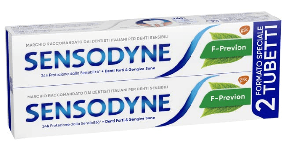 Sensodyne F-Previen Dentifricio Denti Sensibili Igiene Dentale Menta, 2 x 75ml