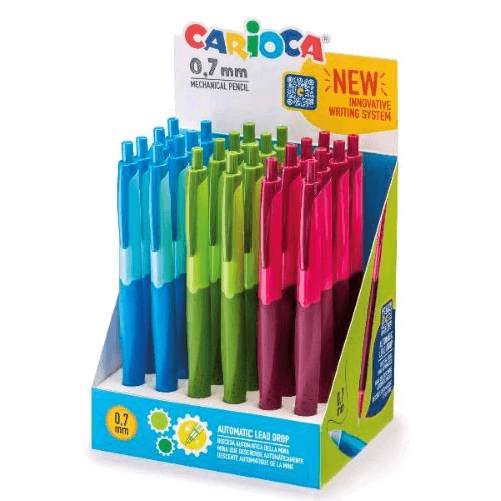 Espositore Carioca da 24 matite meccaniche automatiche - Punta mina da 07 mm - Discesa automatica della mina - Impugnatura antibatterica - Kit di rica