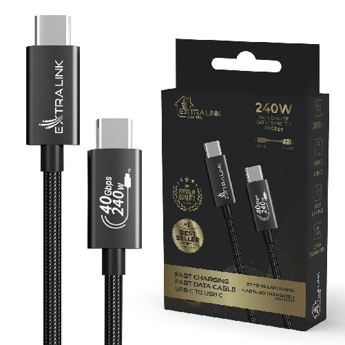 EXTRALINK SMART LIFE CABLE 240W USB-C - USB-C, 40GBPS, 200CM, NYLON BRAIDED, BLACK, CABESL05