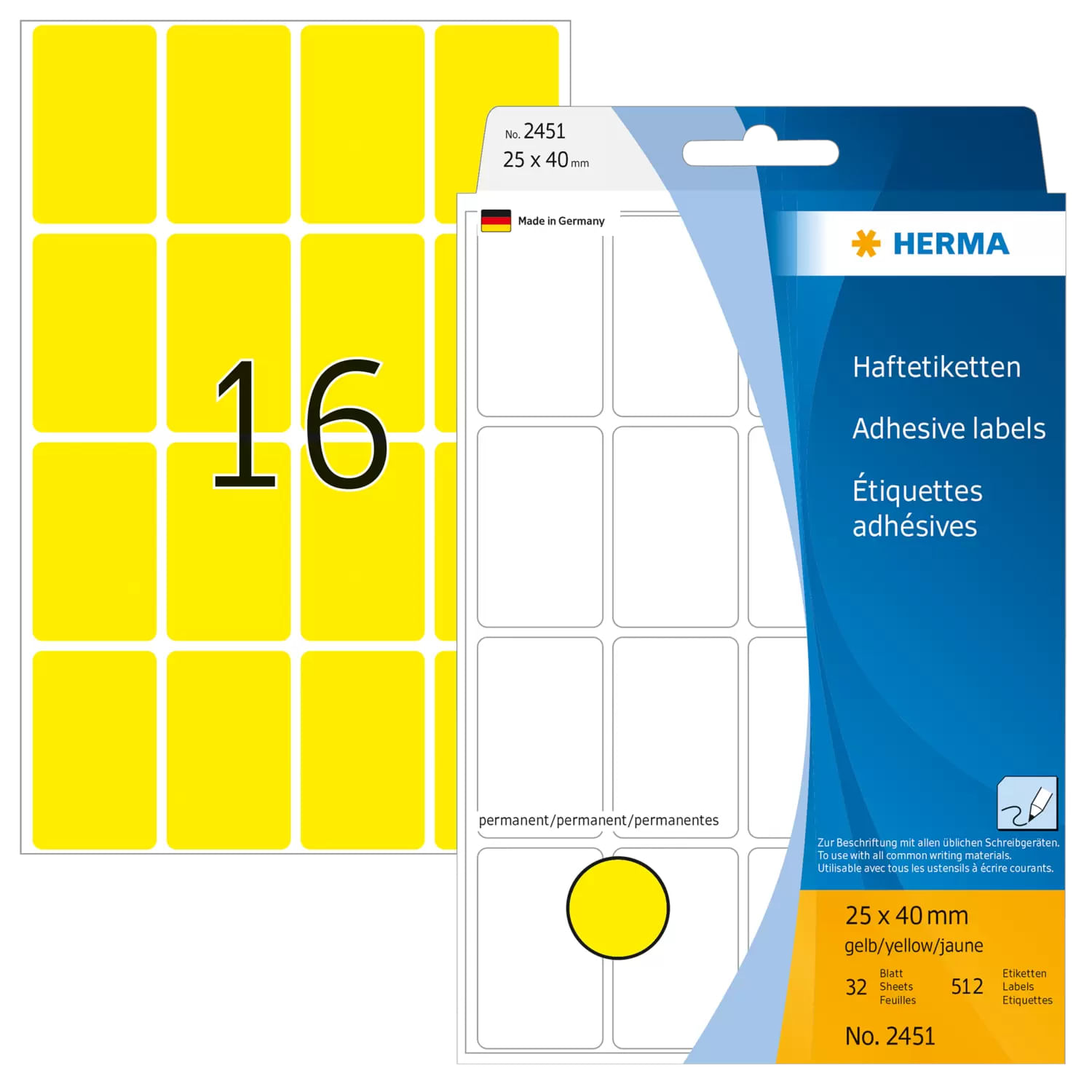 HERMA - Etichette adesive permanenti - Giallo - 25 x 40 mm 512 etichetta(e) (32 fogli x 16) (2451) HERMA 2451 etichetta autoadesiva Rettangolo con ang