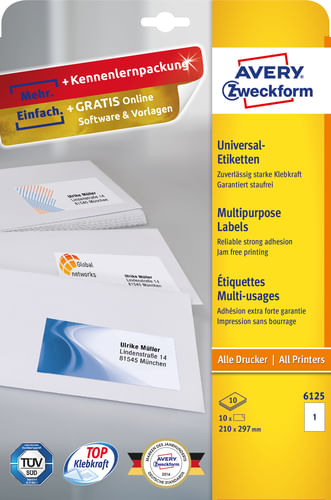 Avery Zweckform Etichette universali AVERY Nutzform 6125 2100 x 2970 mm bianco Avery 6125 Bianco