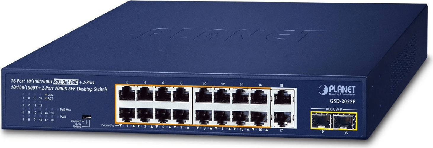 PLANET 16-Port 10/100/1000T 802.3at Non gestito Gigabit Ethernet (10/100/1000) Supporto Power over Ethernet (PoE) Blu