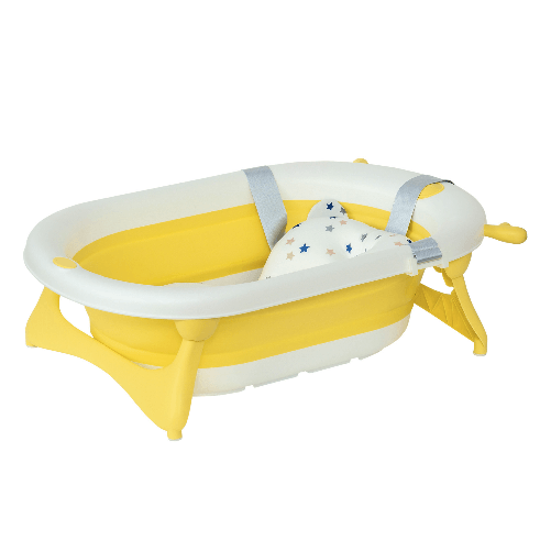 HOMCOM Vaschetta Bagnetto Pieghevole per Bambini 0-3 Anni con Indicatore di Temperatura e Cuscino, 81.5x50.5x23.5 cm, Giallo