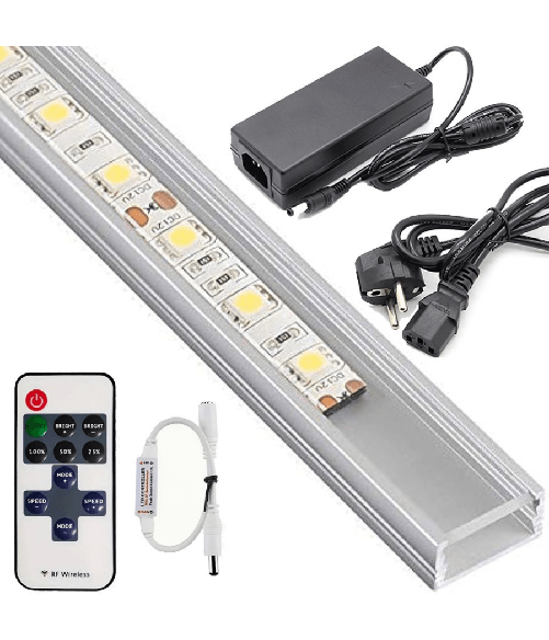 Profilo Barra Alluminio Impermeabile 1 Metro A 72 Led + Alimentatore + Dimmer - -Bianco Freddo -SMD 7020-Copertura Opac