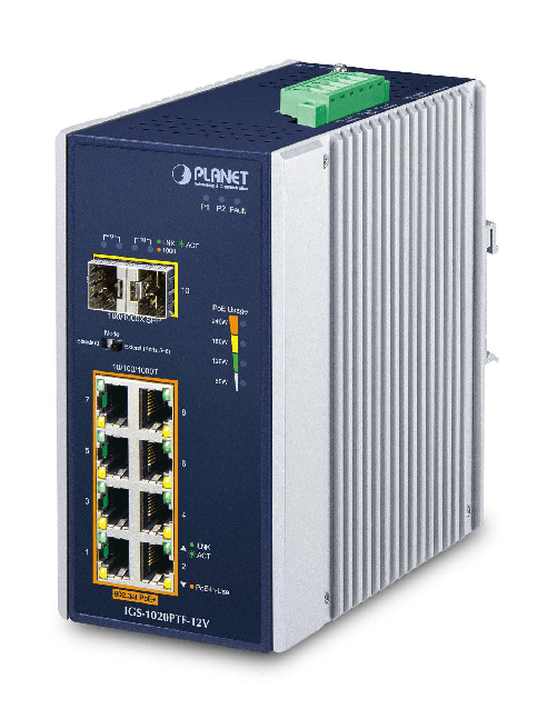 PLANET IP30 Ind 8-P 10/100/1000T Non gestito Gigabit Ethernet (10/100/1000) Supporto Power over Ethernet (PoE) Blu, Bianco