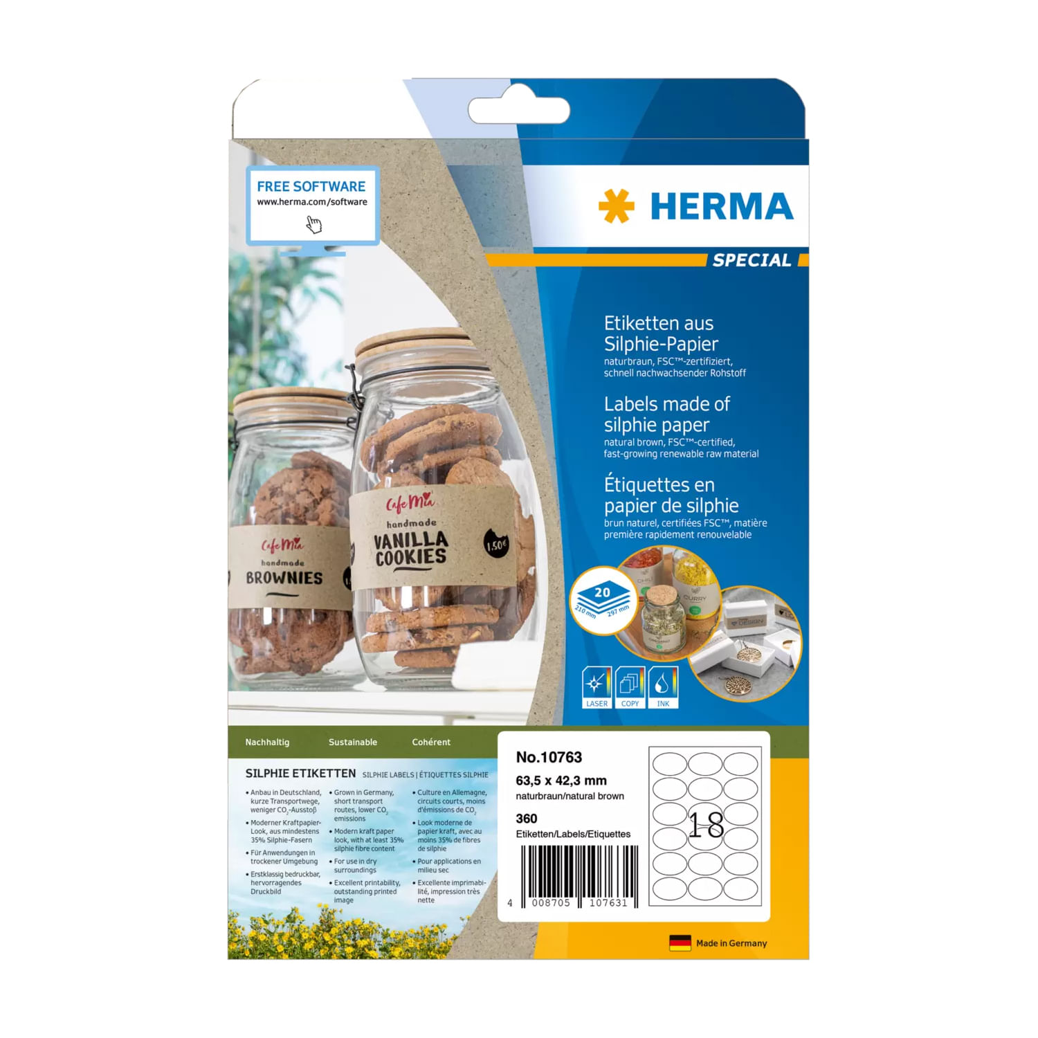 HERMA Etiketten aus Silphie-Papier, 63,5 x 42,3 mm, oval naturbraun, selbstklebend, permanent haftend, bedruckbar, - 1 S HERMA Etiketten aus Silphie-P