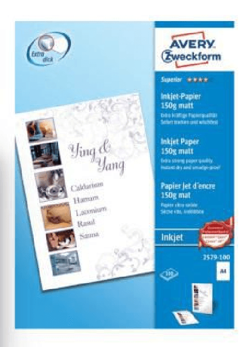 Avery Zweckform Carta fotografica AVERY Zweckform Superior Inkjet DIN A4 opaca 150 g/m Avery 2579-100 carta fotografica A4 Bianco