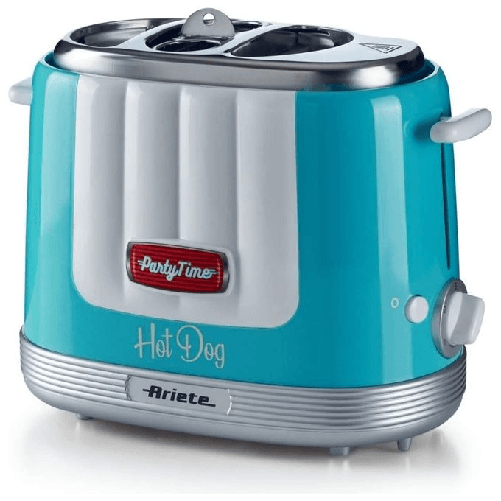 Ariete 206 Hot Dog Maker Party Time, Macchina per fare hot dog, 650 W, 5 livelli di cottura, 4 spazi di cottura, Espulsione automatica, Azzurro