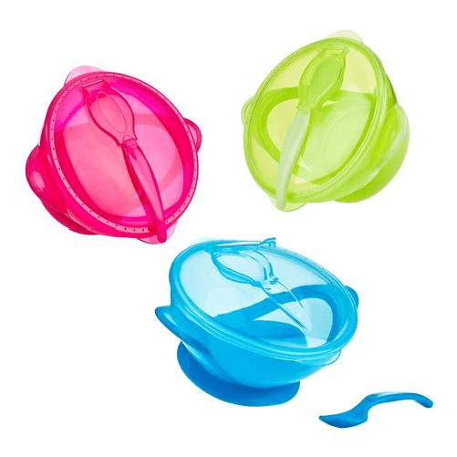 Set pappa Nuby Scodella con Ventosa, Coperchio e Cucchiaino, Assortito, (UN PEZZO SINGOLO)