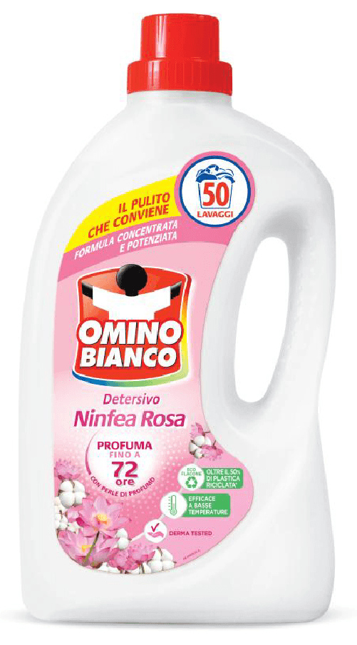 Omino Bianco Lavatrice Liquido 50 Misurini Ninfea Rosa Made In Italy