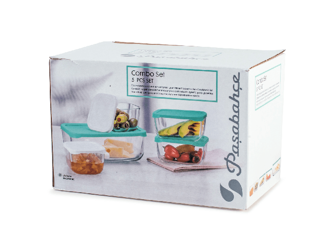 Set 5 Pezzi Frigo Combo In Vetro Trasparente Con Tappo In Plastica Assortiti