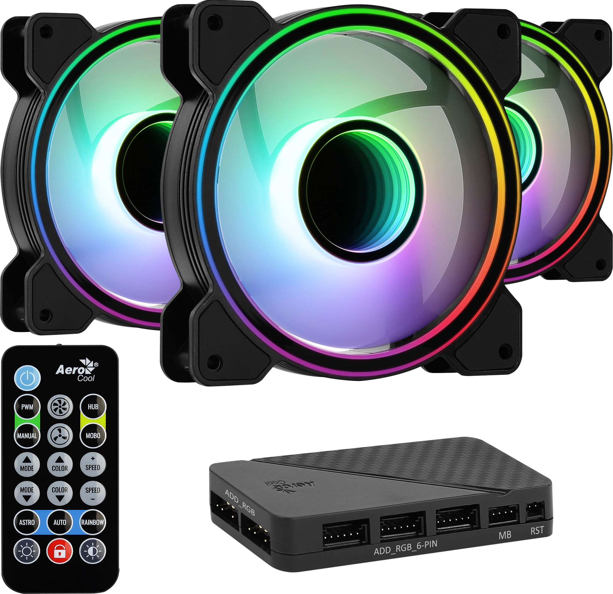 Aerocool LOT DE 3 VENTILATEURS DE BOITIER AEROCOOL MIRAGE PRO RGB 12CM (NOIR) AVEC HUB ET TLCOMMANDE Aerocool Mirage 12 ARGB Pro Case per computer Ven