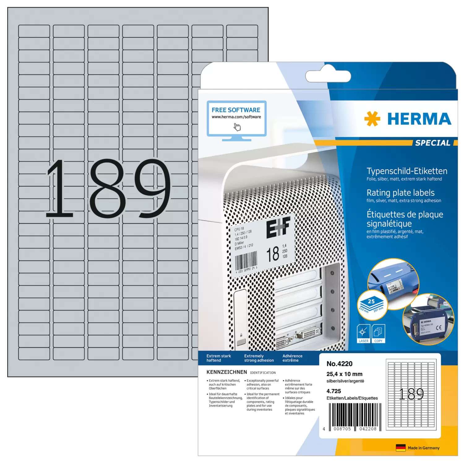 HERMA 4220 etichetta autoadesiva Rettangolo con angoli arrotondati Permanente Argento 4725 pz