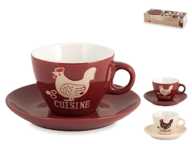 Home Confezione 4 Tè Con Piatto Stoneware Decorazione Gallo (COLORI MISTI)