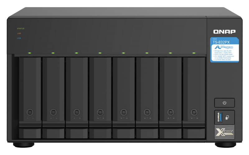 Qnap TS-832PX-4G Nas 8 Hd 35'-25' Sata6 2P Giga+2x 10gBe Sfp+2px 25gbe 3P Usb 3.0 4Gb Ddr4 SoDimm Cpu Al324 1.7ghz Qcore QNAP TS-832PX NAS Tower Annap
