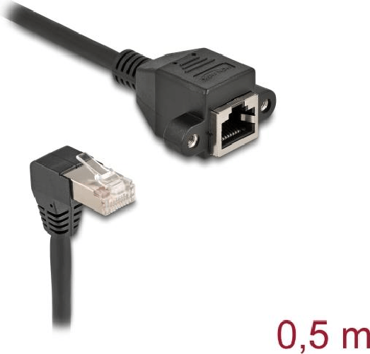 DeLOCK Cavo di prolunga di rete S/FTP RJ45 maschio angolato a 90° per RJ45 femmina integrato Cat.6A 0,5 m nero Delock Cavo di prolunga di rete Delock